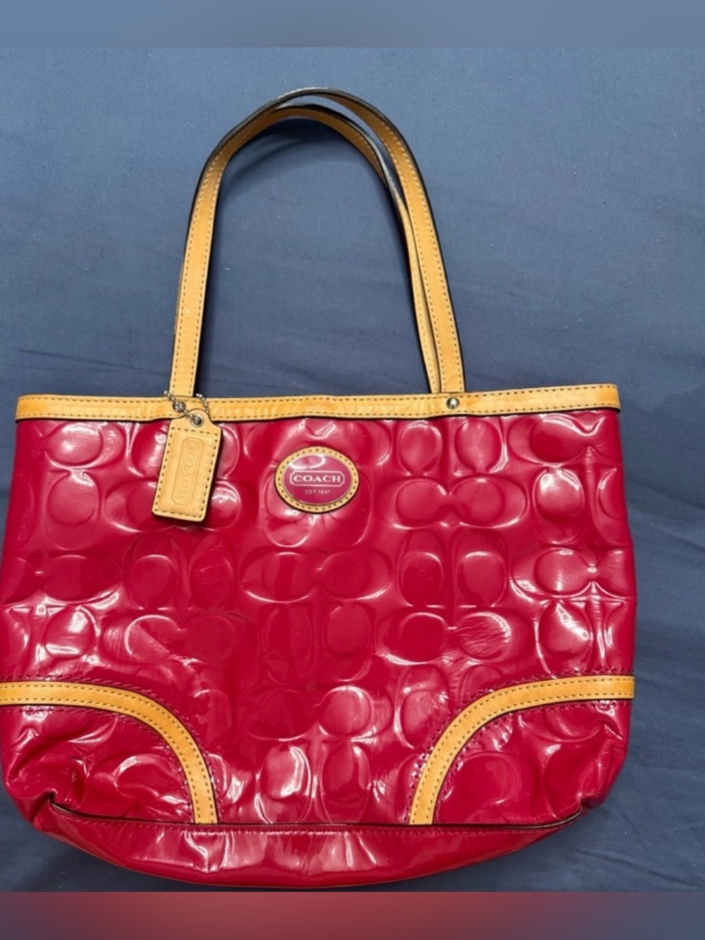 Vintage Coach Patent Leather Tote Bag in Pink with Tan Trim